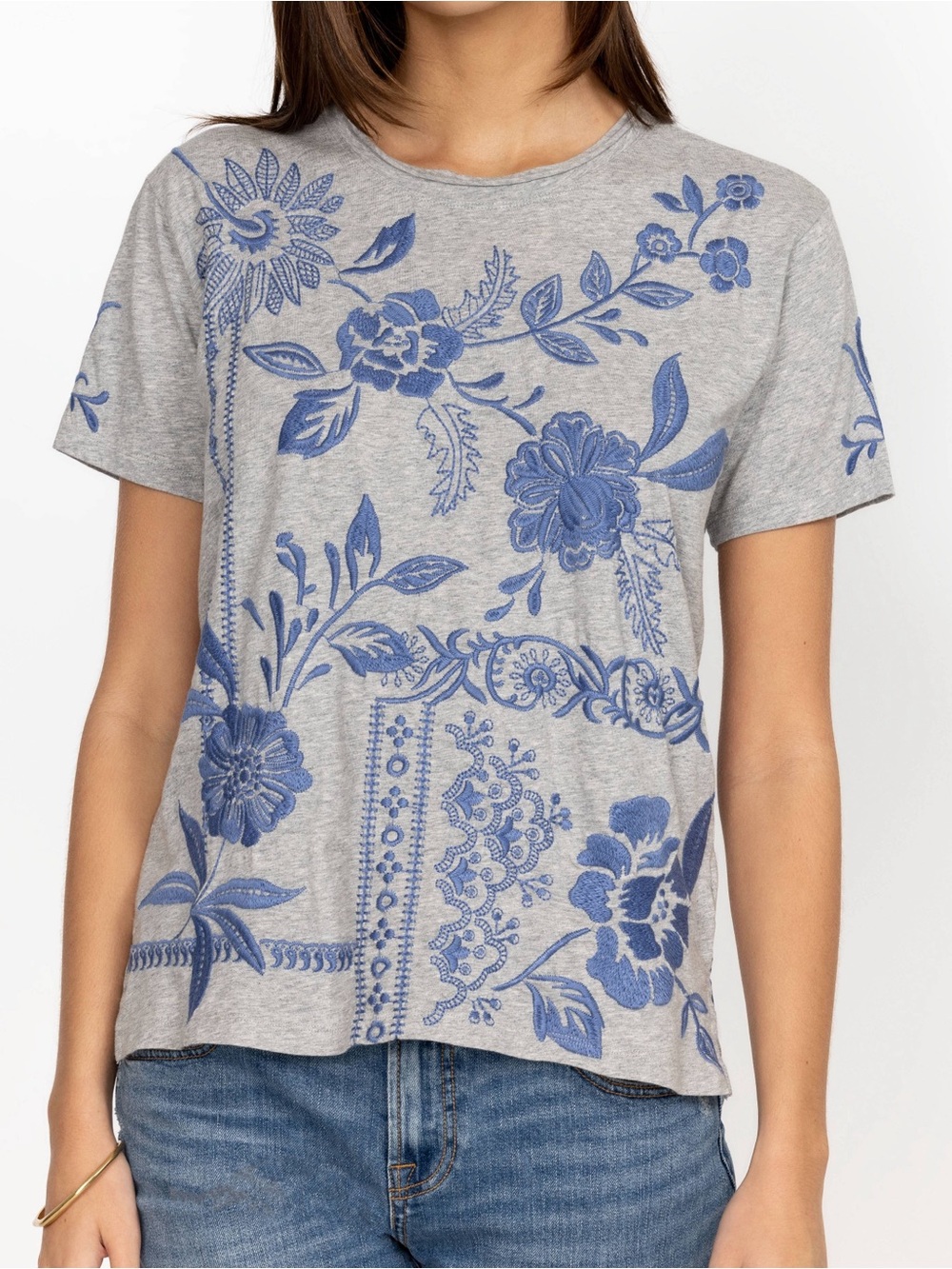 Johnny Was Lyra Embroidered Relaxed Crew Neck Tee Boho Medium